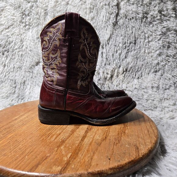 Western Kids Size 19.5 Or US 1 Burgundy Leather  Embroidered Cowboy Pointed toe - Picture 2 of 10